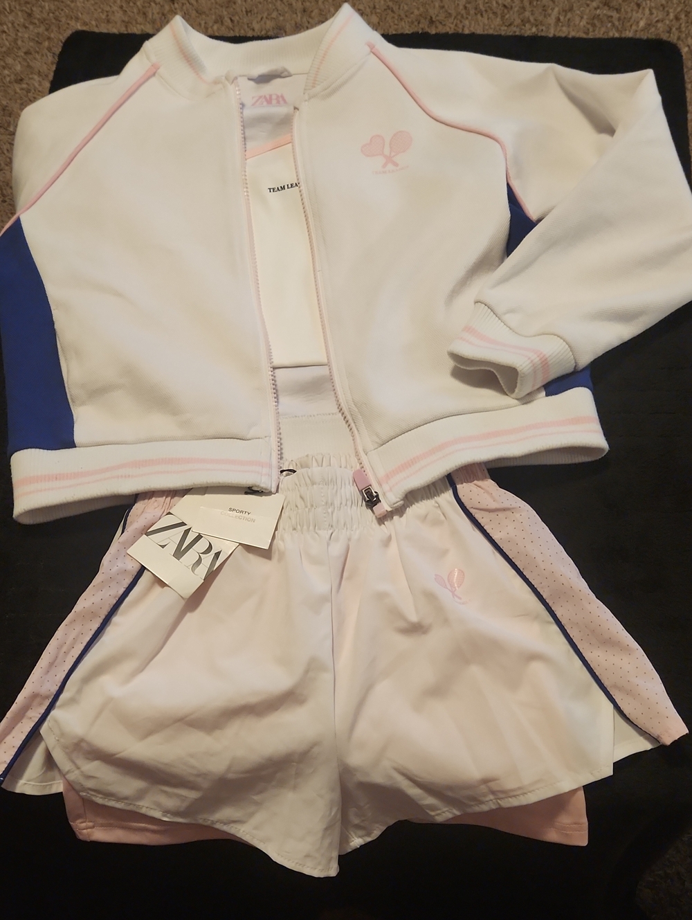 Zara White Jacket & Shorts Set with Light Pink and Blue Accents